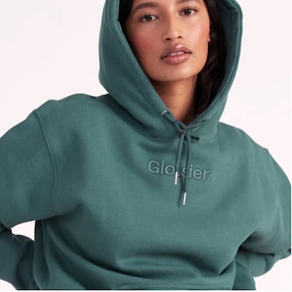 GLOSSIER Sage Deep Green Teal Logo Hoodie Sweatshirt Pullover Unisex